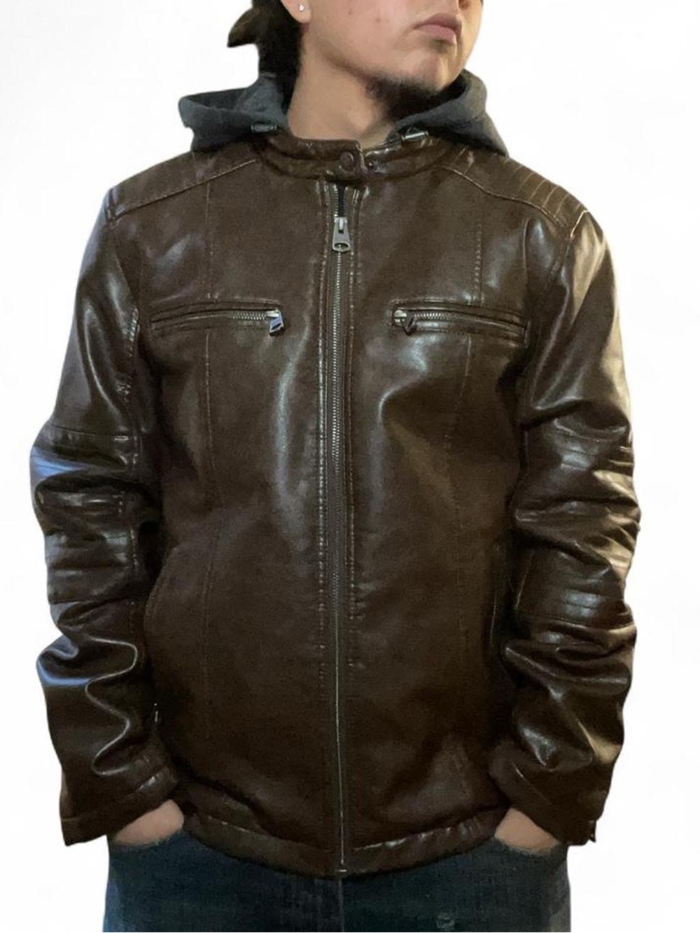 Levi's Men's Brown Faux-Leather Hooded Racer‎ Jacket